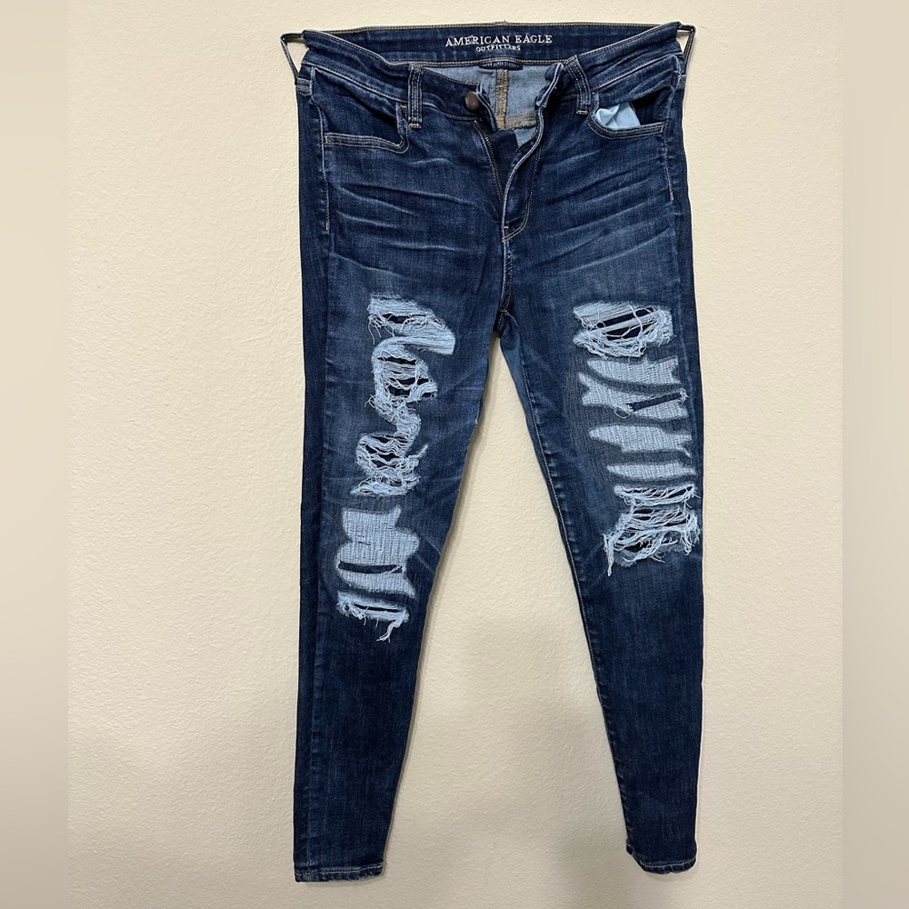 American eagle super super stretchy size 10 regular dark blue jeans